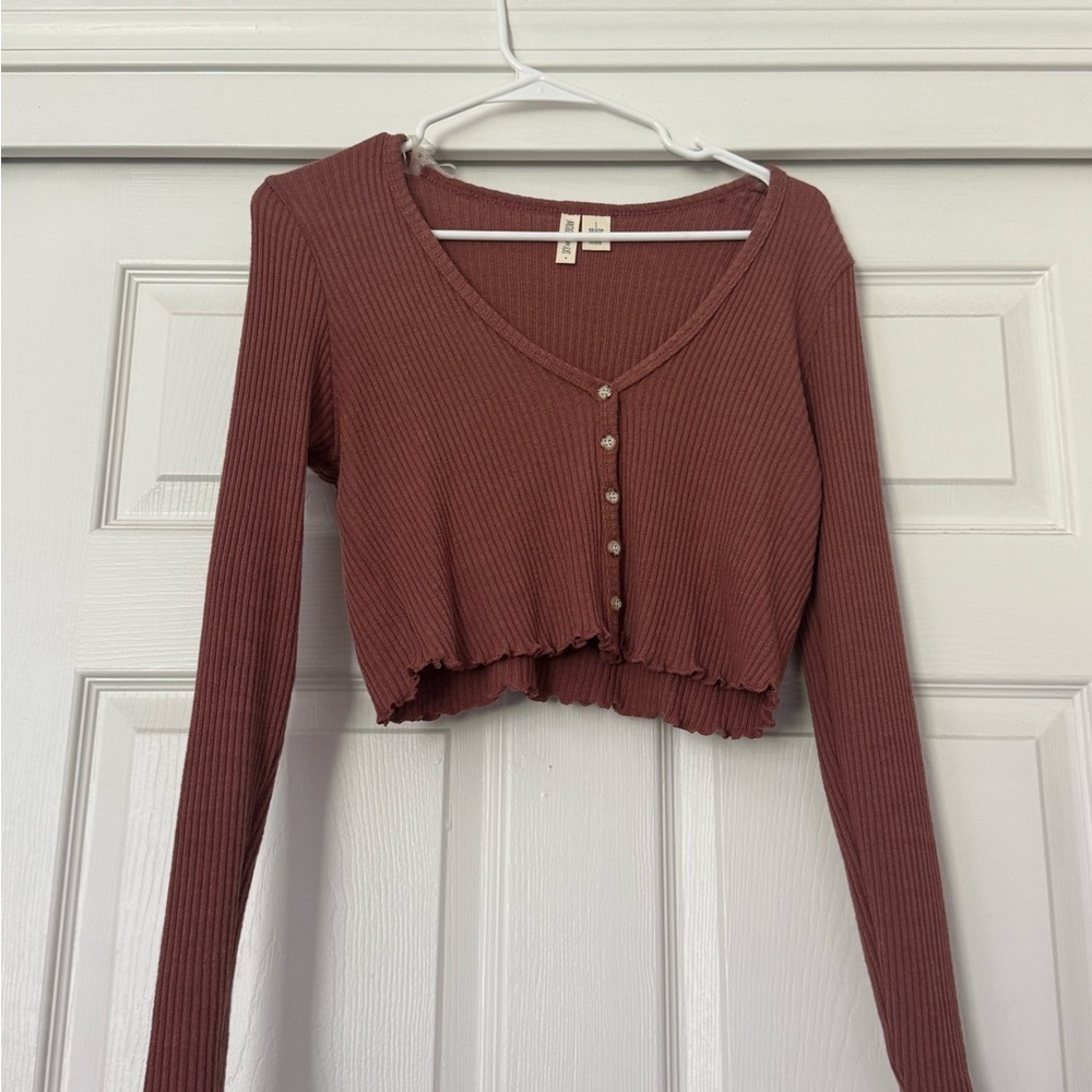 Sky And Sparrow Ribbed Button-Up Crop Top - Brown